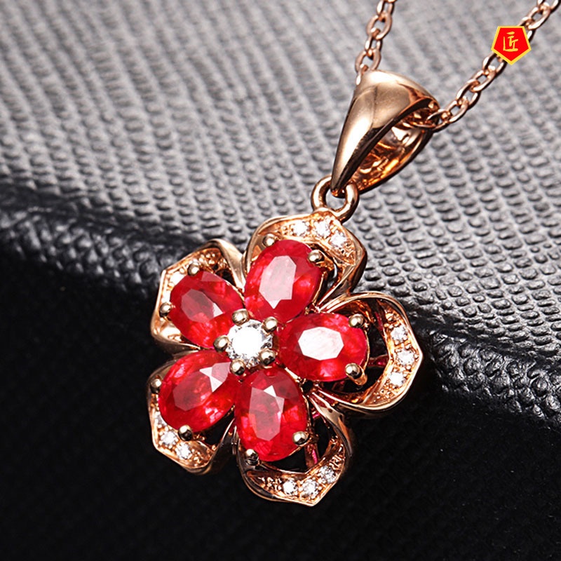 [Ready Stock]Ruby Rose Flower Pendant 18K Rose Gold Simple Elegant Accessories