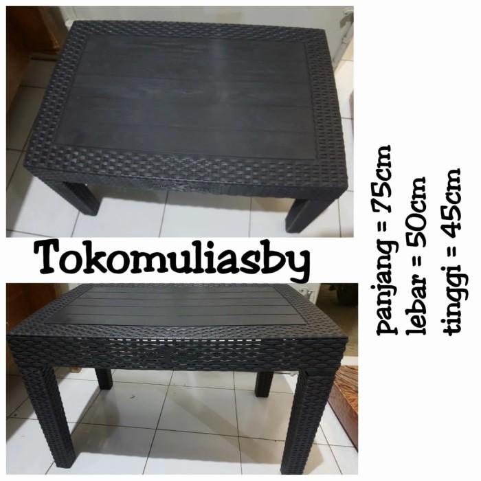 meja plastik motif rotan segi panjang kaki pendek blue shark