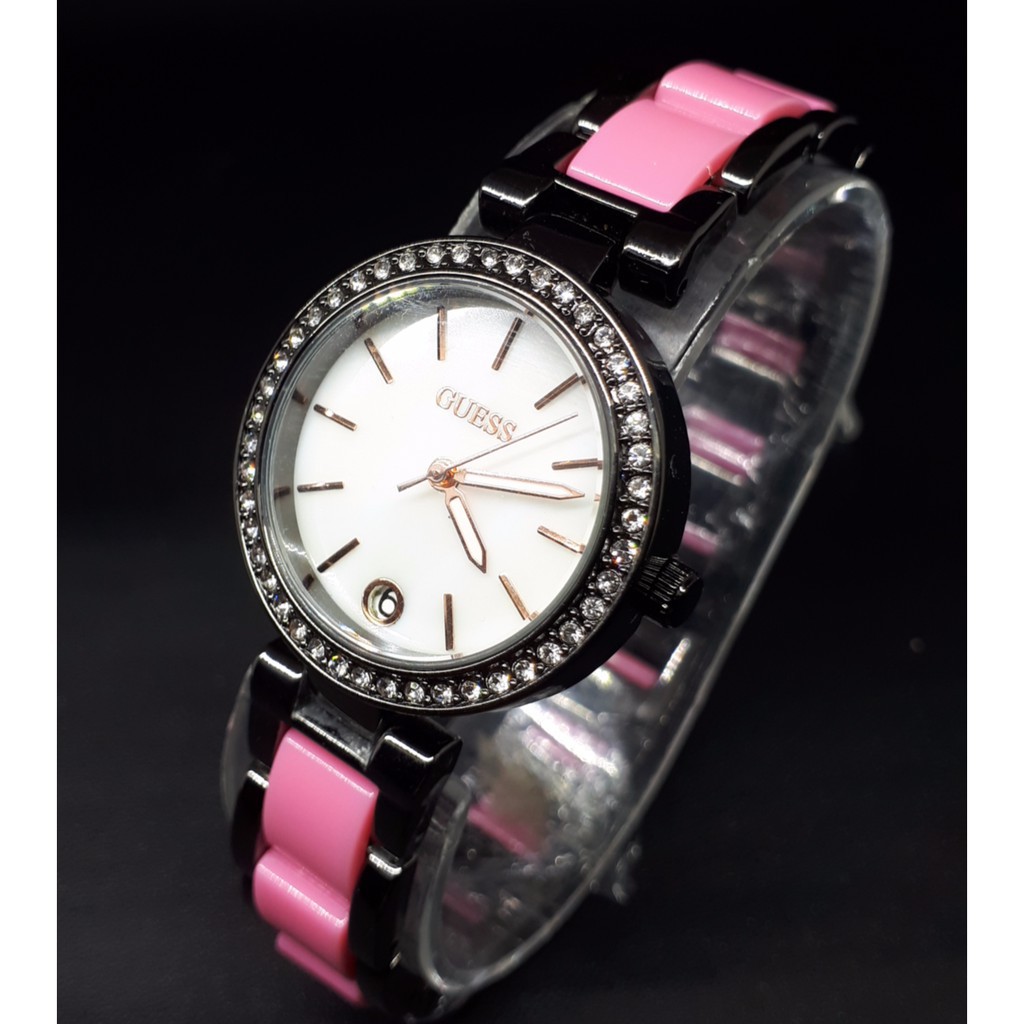 JAM TANGAN GUESS FASHION RING BLACK KOMBINASI KERAMIK PLATE PUTIH