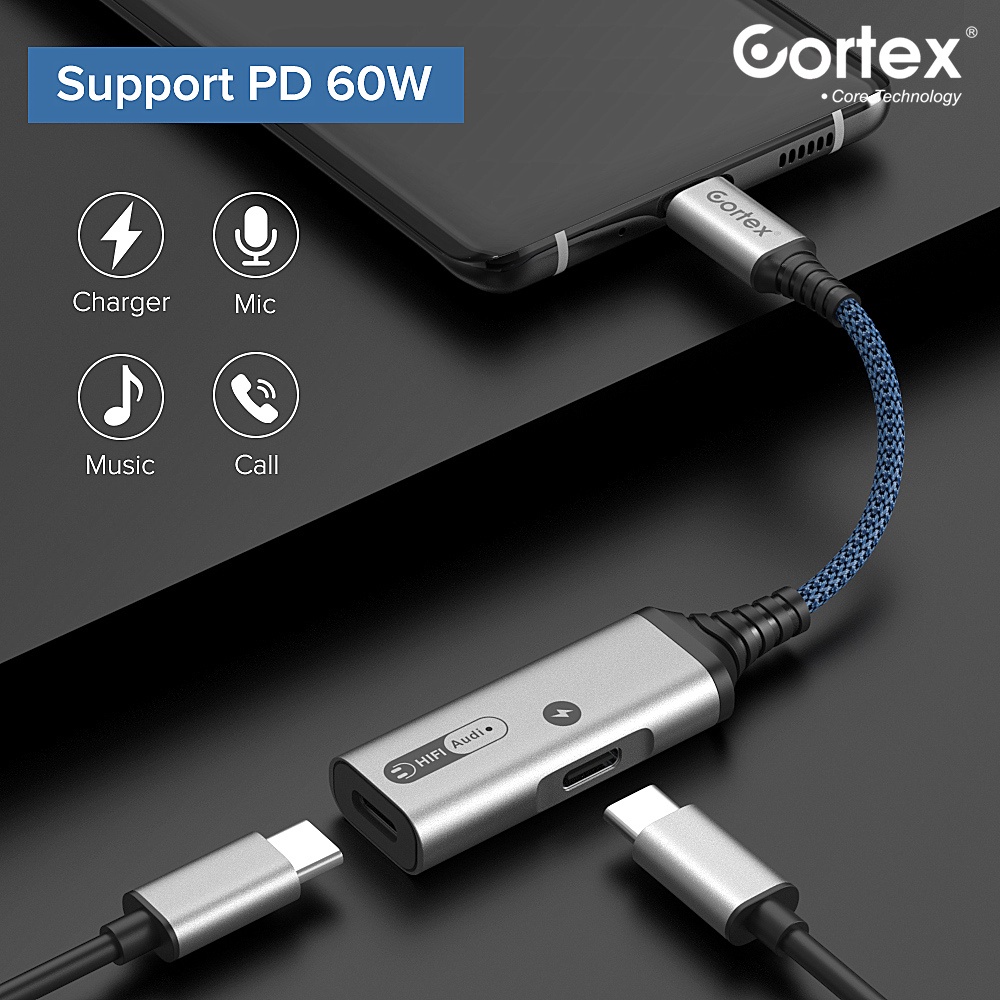 Cortex Adapter Splitter 2 in 1 Fast charging 60W Tipe c to 3.5mm to Type C USB C Open Mic