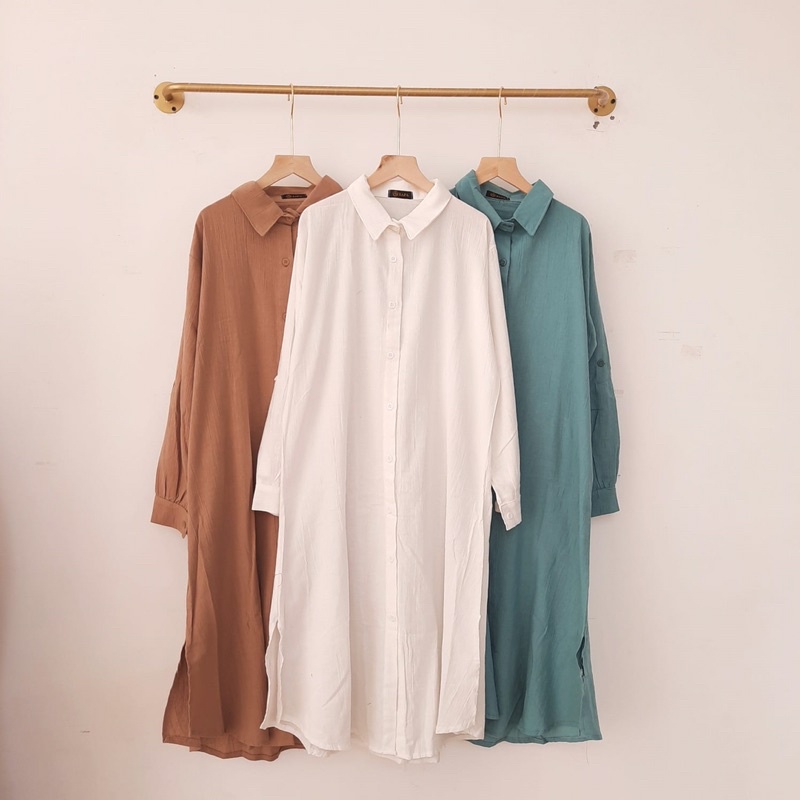 CAHAYA TUNIK Linen Crinkle Busui kancing full dress long polos dress wanita