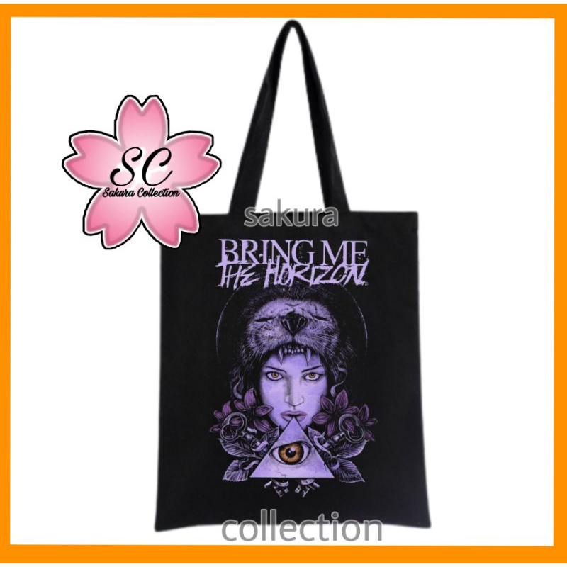 Tote Bag tas BAND BMTH BRING ME THE HORIZON ungu musik Heavy rock BAND metal tote bag resleting pria wanita tas sekolah / tas ngaji / tas kerja / tas belanja unisex canvas kekinian hitam/black tas jinjing/laptop fashion