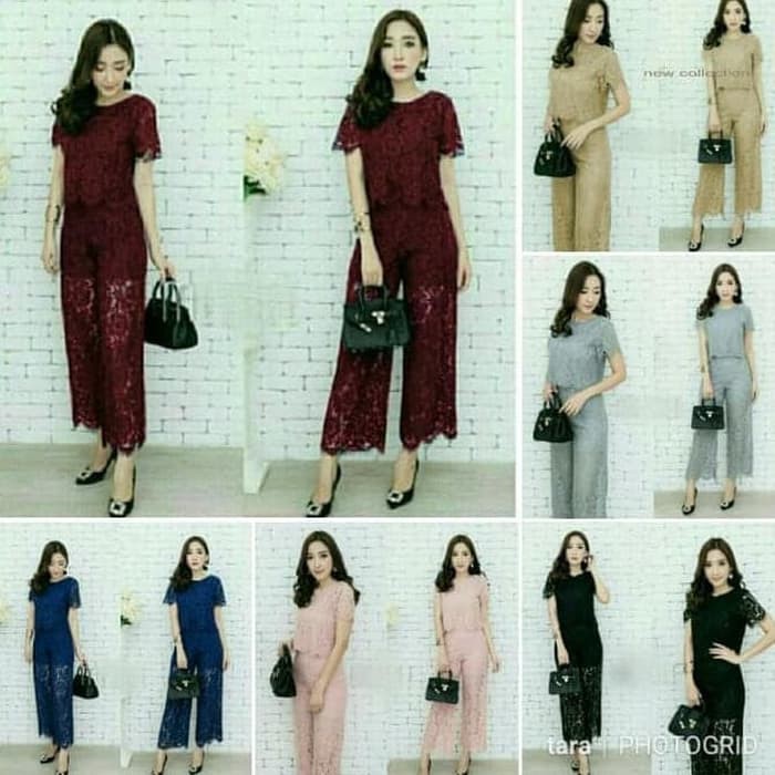 st kulot brukat abu2 merah choco baju wanita set setelan atasan celana