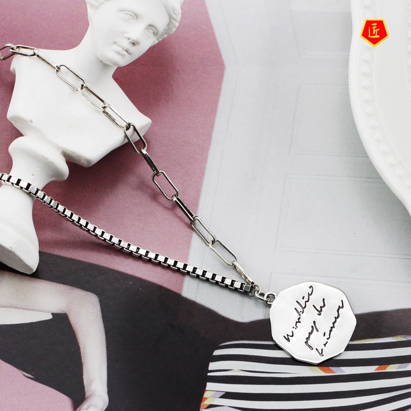 [Ready Stock]Women's Korean-Style S925 Silver Retro Alphabet round Necklace