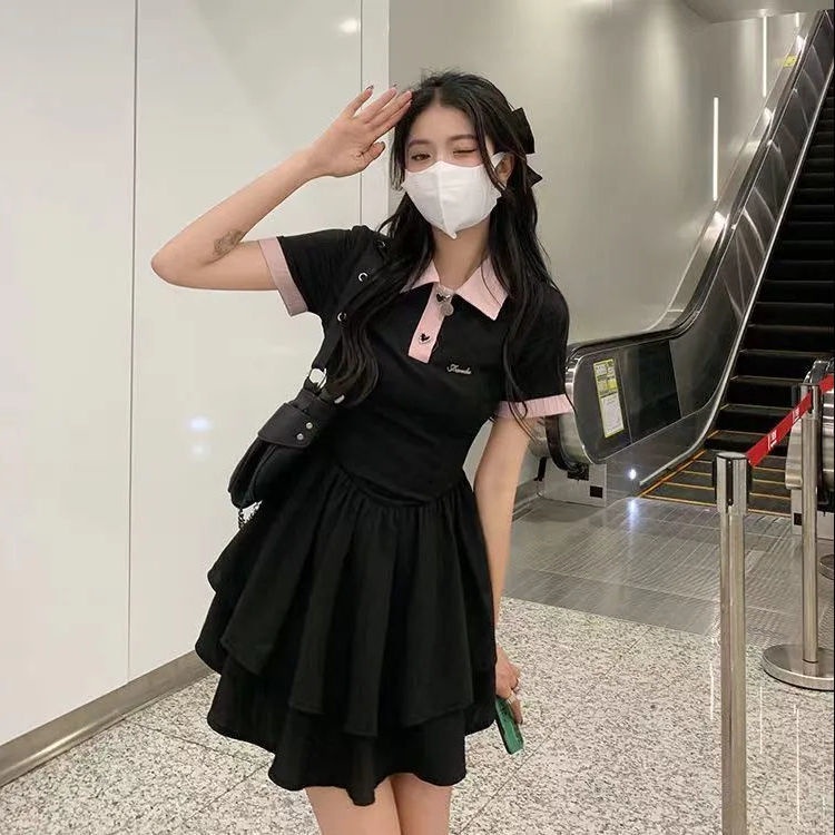 Hot girl dress perempuan polo kerah musim panas desain niche rasa pinggang ramping gaya Korea rok pe