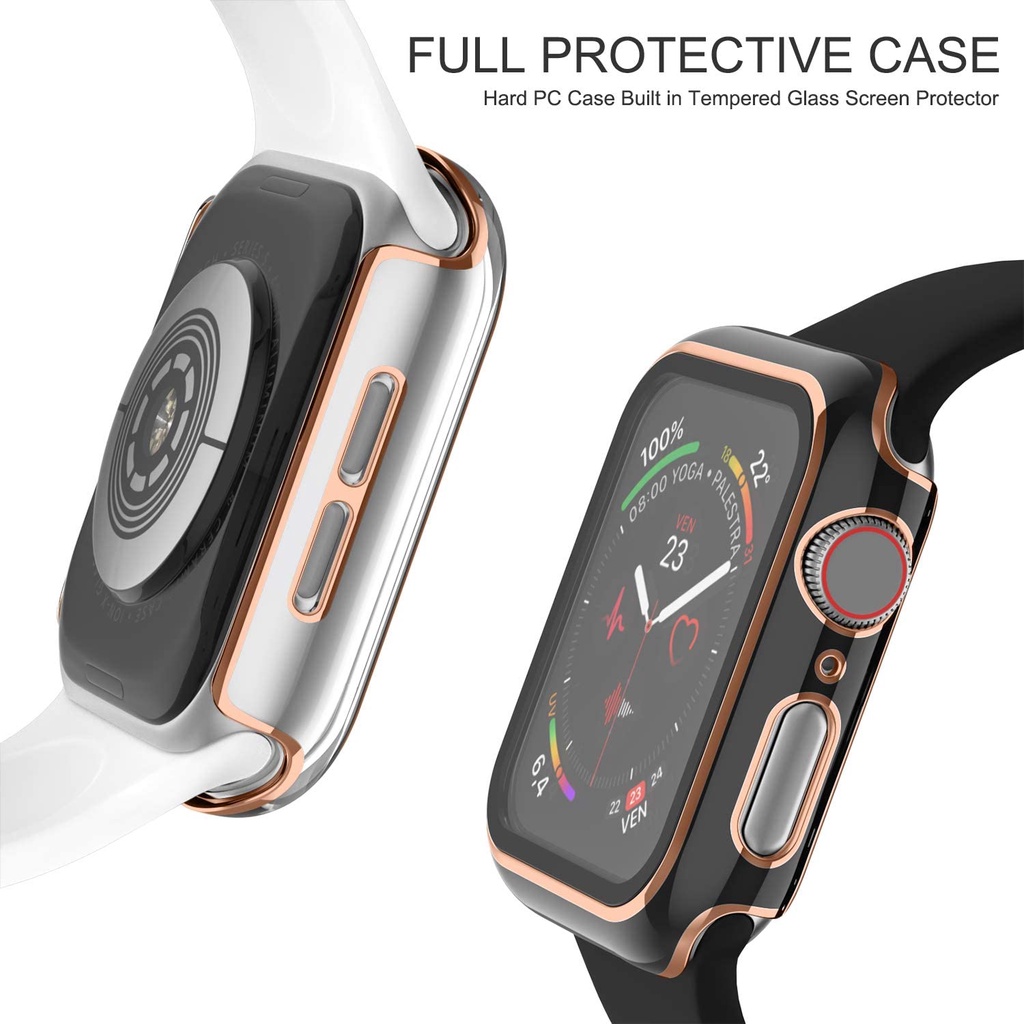 Cakupan penuh kasus PC keras dengan pelindung layar kaca tempered kompatibel untuk Apple Watch 45mm 41mm 44mm 40mm 42mm 38mm Seri 8/7/SE/6/5/4/3/2/1