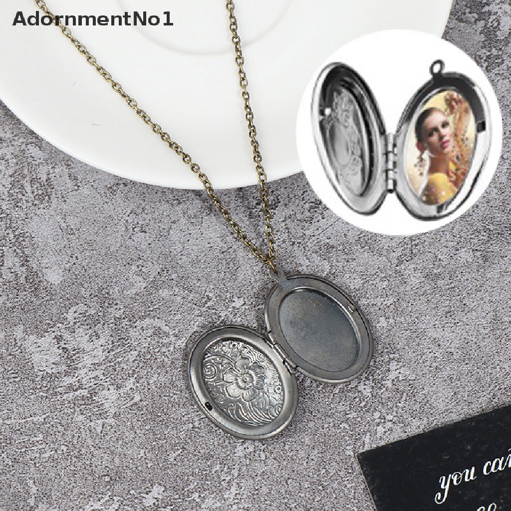 (AdornmentNo1) Kalung Rantai Dengan Liontin Locket Foto Motif Ukiran Bunga + Garis Vintage Bahan Kuningan