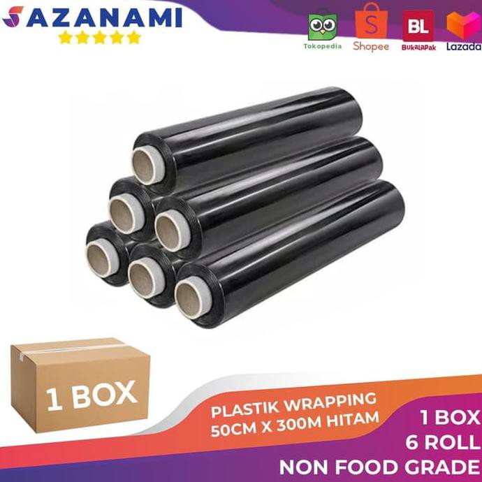 

1 BOX STRETCH FILM HITAM 50CM X 300M PLASTIK WRAPPING ISI 6 ROLL - 1 BOX - 6 ROLL