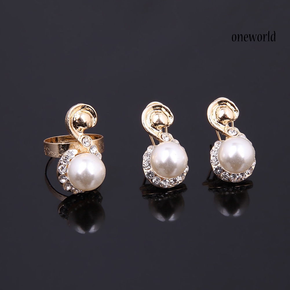 OW@ Women Pearl Inlaid Rhinestone Necklace Bracelet Stud Earrings Ring Jewelry Set