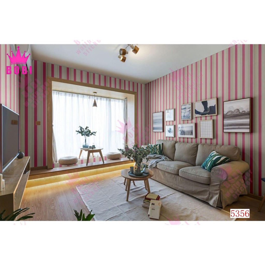 Wallpaper Sticker Motif Garis Pink Putih 5356 / Wallpaper New 2020 / Ukuran 9mx45cm