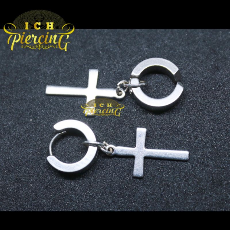 anting tindik dan jepit model Salib besar / anting tindik dan jepit warna silver titanium / ICH PIERCING