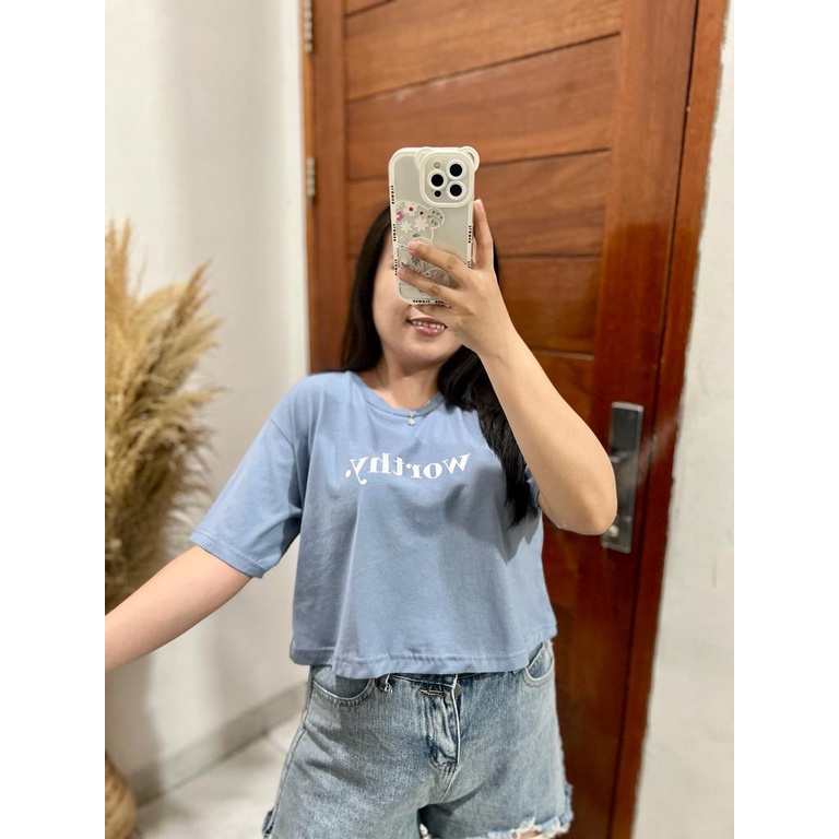 CROP DUSTYBLUE MOTIF ONECK COTTON OVERSIZE | BAJUKAOS TUMBLR CROP TEE TSHIRT KAOS KOREA FASHION WANITA