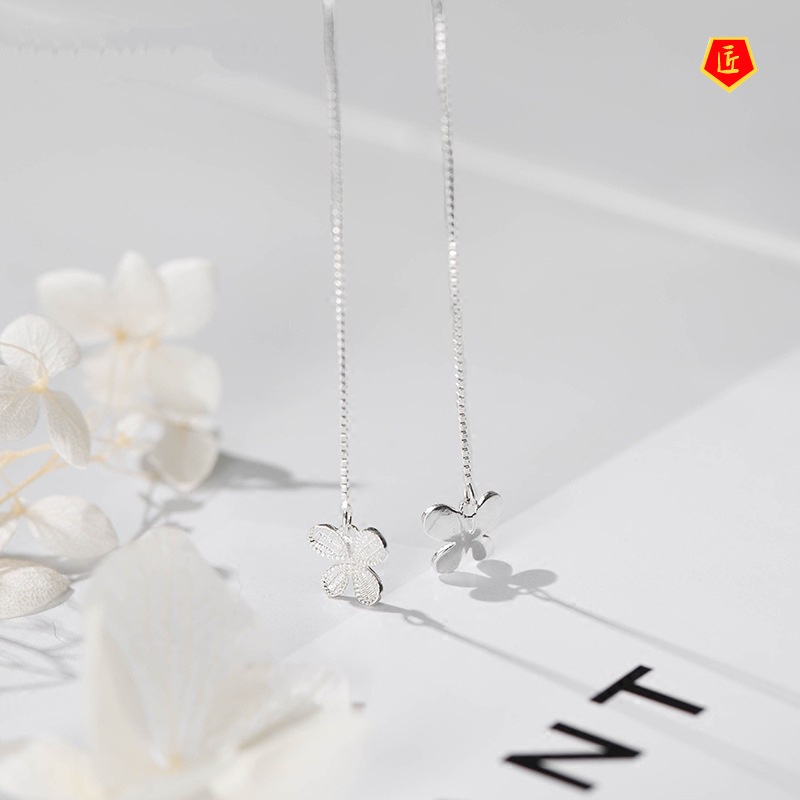 [Ready Stock]Hanging Earrings Women's Long 925 Silver Simple Flowers Elegant