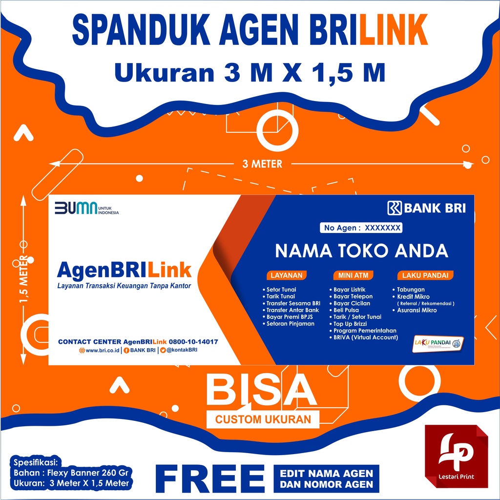 SPANDUK BRILINK 3 METER X 1,5 METER / SPANDUK AGEN BRILINK / BANNER AGEN BRI LINK / CUSTOM UKURAN