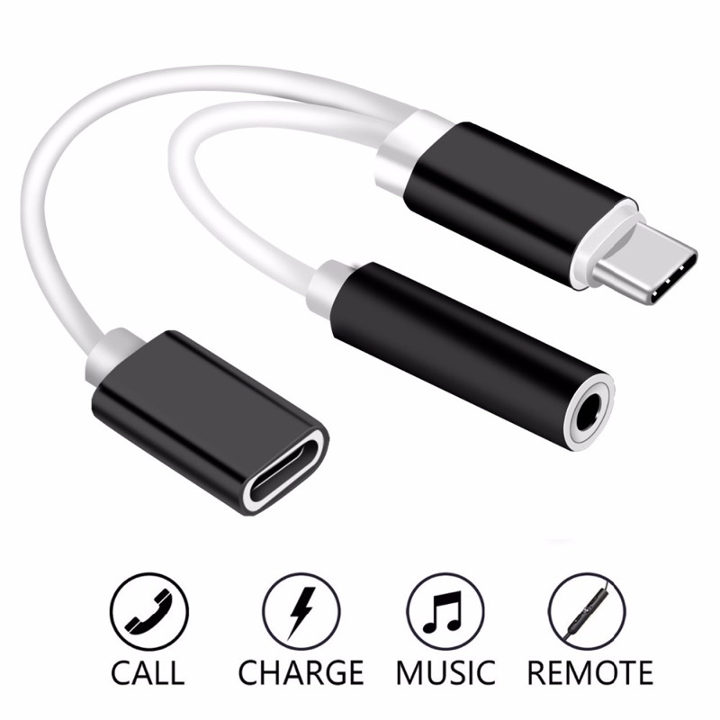 Robotsky Adapter 2 in 1 USB Type C to AUX 3.5mm Headphone + USB Type C - S-K06 - Black