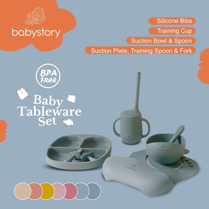 Set tempat makan bayi Premium baby feeding set suction plate suction bowl silicone bibs spoon training cup training spoon fork