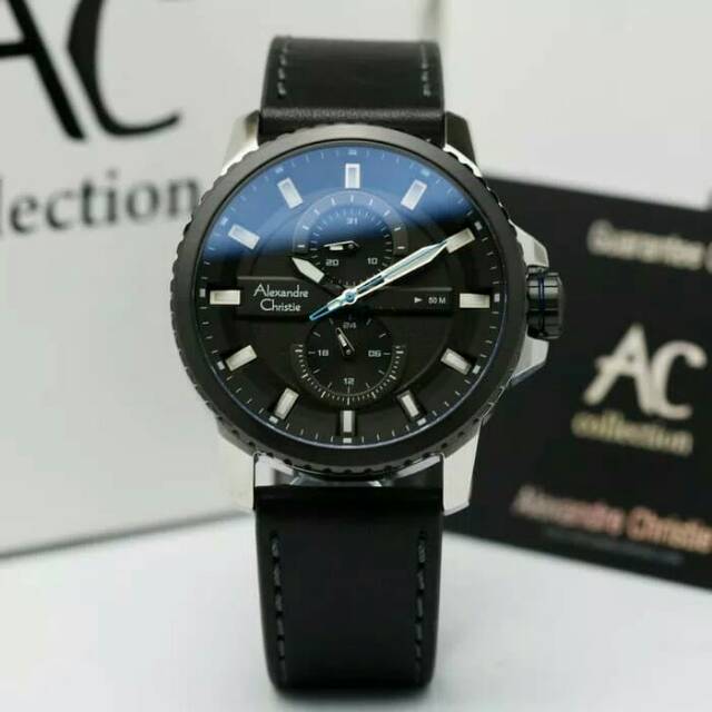 JAM TANGAN PRIA / COWOK ALEXANDRE CHRISTIE SILVER BLACK TALI KULIT ORIGINAL - HITAM AC 6507 LAKI