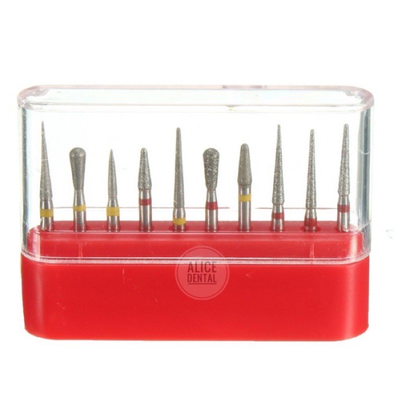 Dental diamond bur set pita merah kuning bentuk pear pir fissure fisur highspeed high speed bur gigi