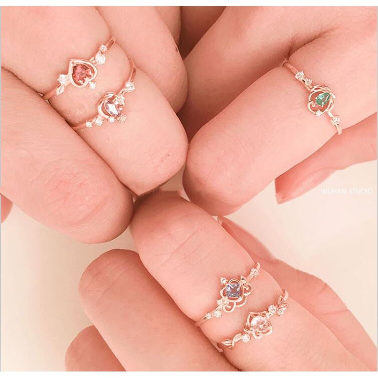 Set Perhiasan Cincin Kalung 925 Silver Batu Mahkota Princess Disney 18K Rose Gold Model Terbuka Dapat Disesuaikan