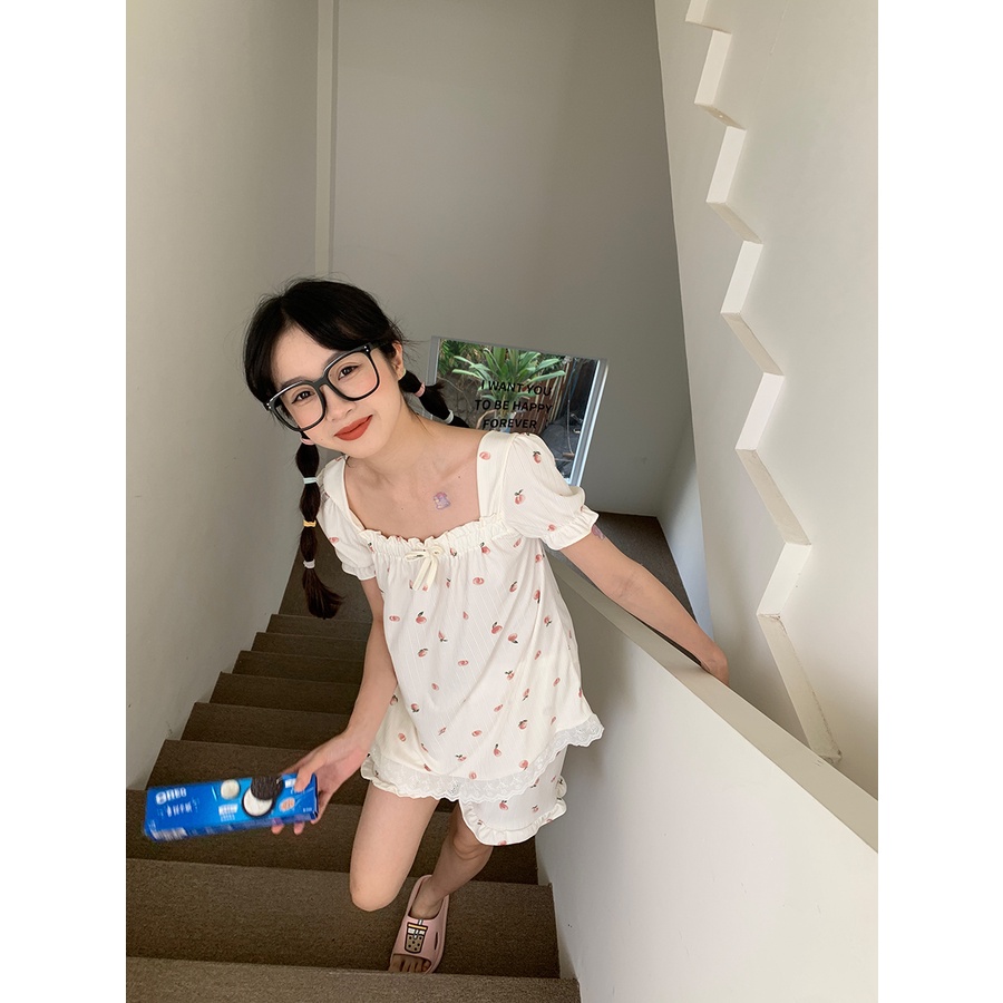 piyama set 2022 baru celana pendek tiga potong setelan leher persegi lengan pendek piyama wanita musim panas