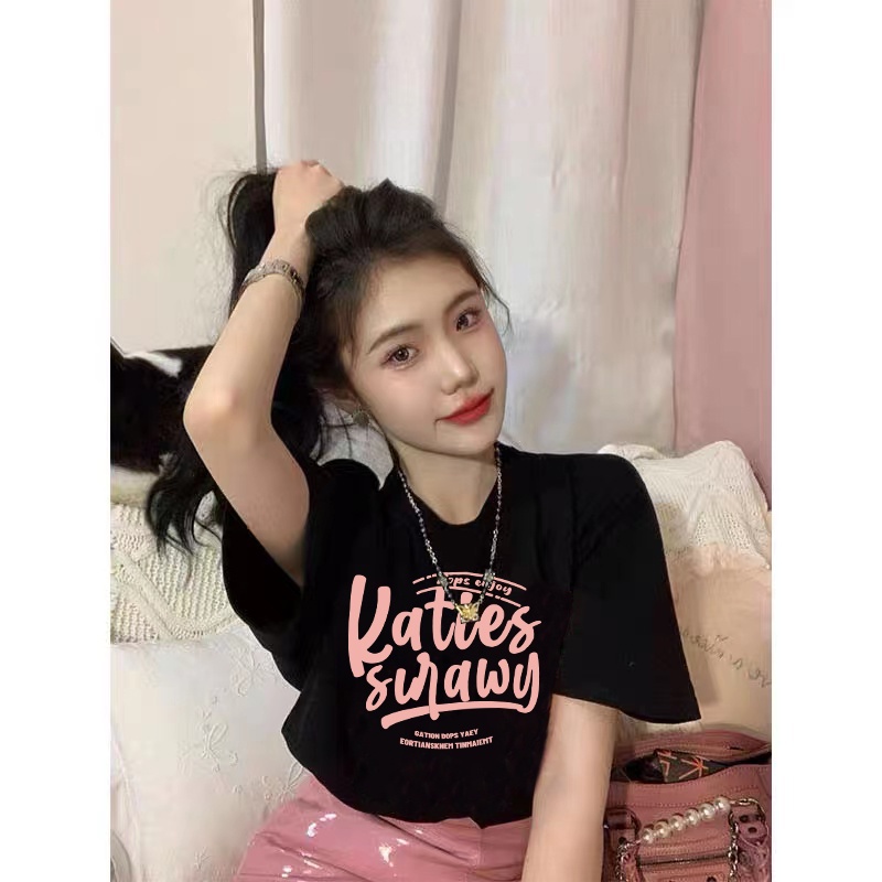 XIAOZHAINV Kaos Atasan Wanita Letter Pattern Lengan Pendek Hitam 0131