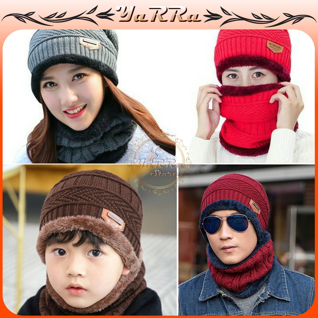 Topi Kupluk Syal Rajut set tebal Hangat Motif Print untuk Topi Kupluk Syal Rajut set tebal Hangat Motif Print untuk
