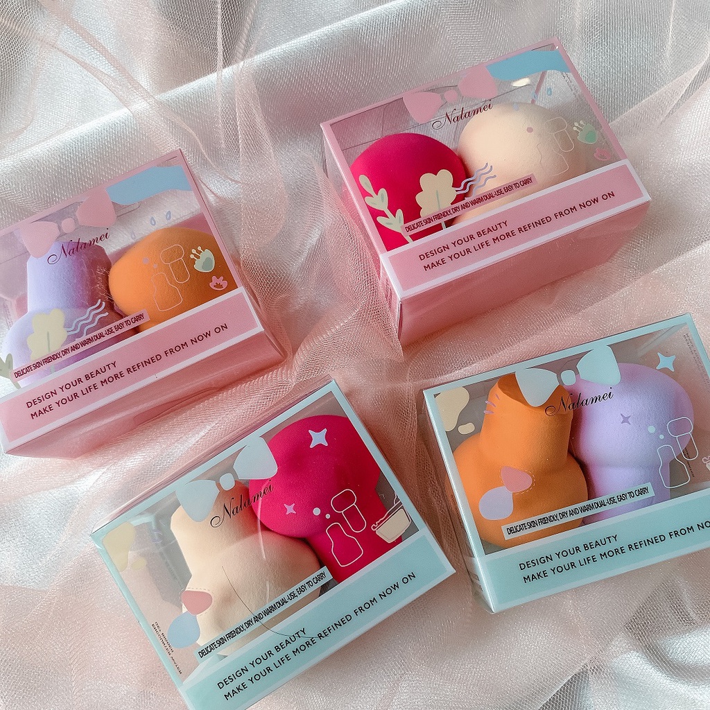 [016] spons makeup jamur 2 in 1 , beauty blender bulat gagang makeup tools premium