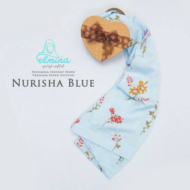 Pashmina Instan HAWA Premium Saten Silk Elmina Hijab Indonesia 1 lubang Tanpa Pentul Biru Motif