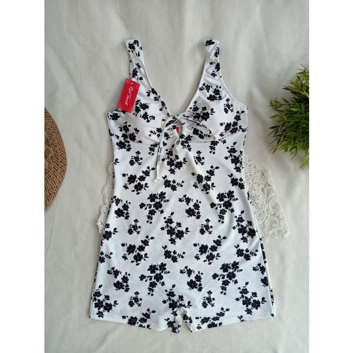 Baju Renang Wanita MB 3338 VN3 PUTIH BUNGA HITAM - BAJU RENANG MONOKINI DENGAN BUSA - XXL(B3Z1) BEST