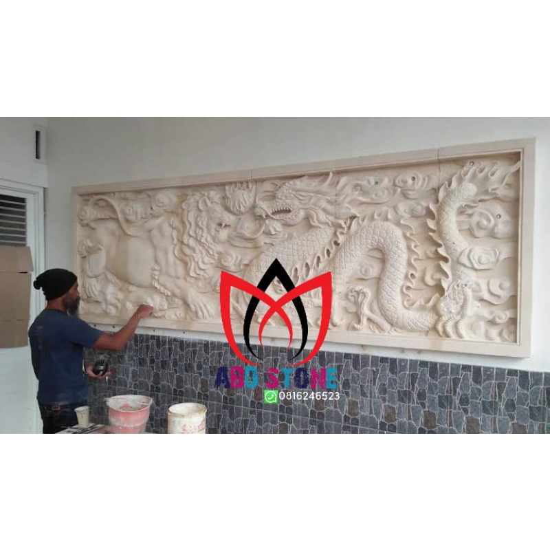 relief hiasan dinding batu ukir naga 100x300x8cm