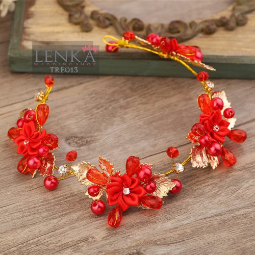 Lenka Tiara Headpiece Pesta Wedding Bridal Bunga Merah Modern TRE013