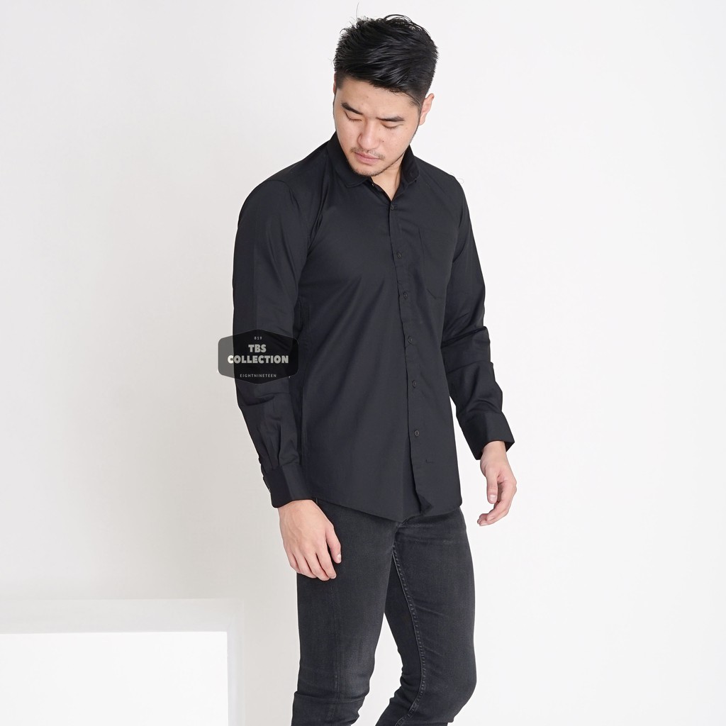 Kemeja Pria Lengan Panjang Hitam Pekat Black Polos Casual Formal Kemeja Kerja Keren 3258