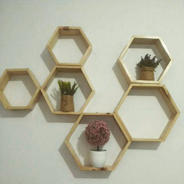 Hiasan dinding jati belanda heksagonal 6 pcs