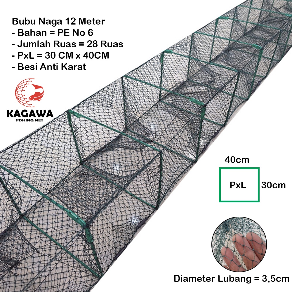 Jaring Bubu Naga 12 Meter Bahan PE Kagawa Fishing Net Jala Udang Ikan 28 Ruas