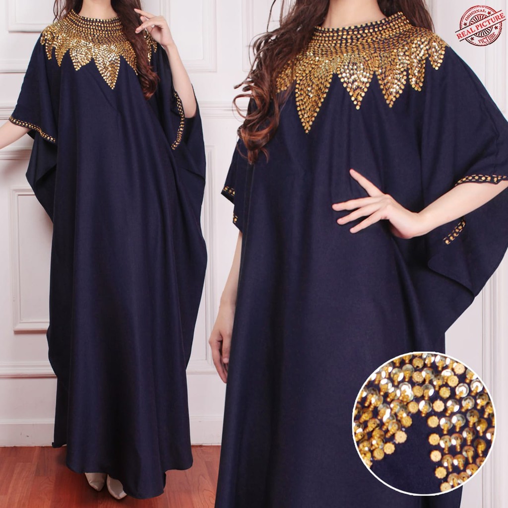 HOPYLOVY - Dress Wanita Model Kaftan Kombinasi Manik Matahari bahan Wollcrepe