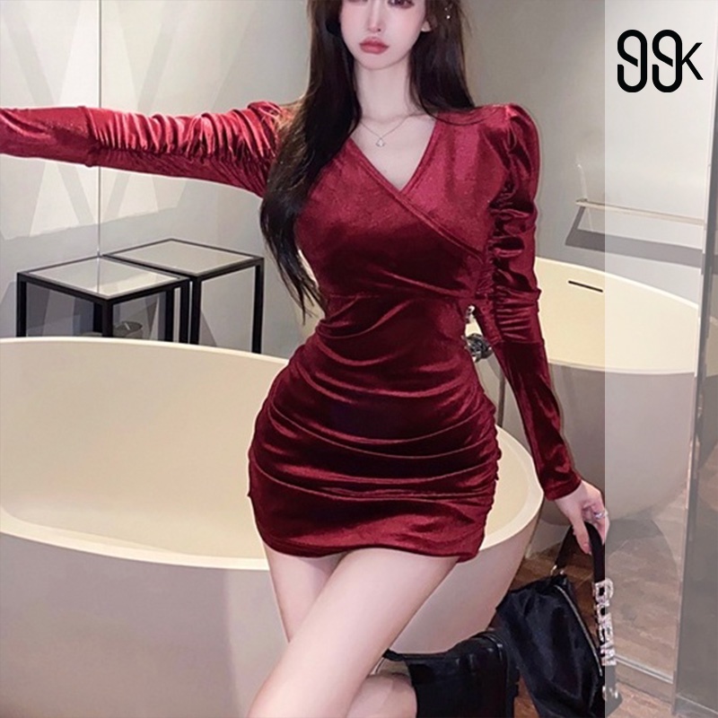 Sexy Long Sleeve Vneck Bodycon Dress Wanita Lengan Panjang 1379 (S/M/L)