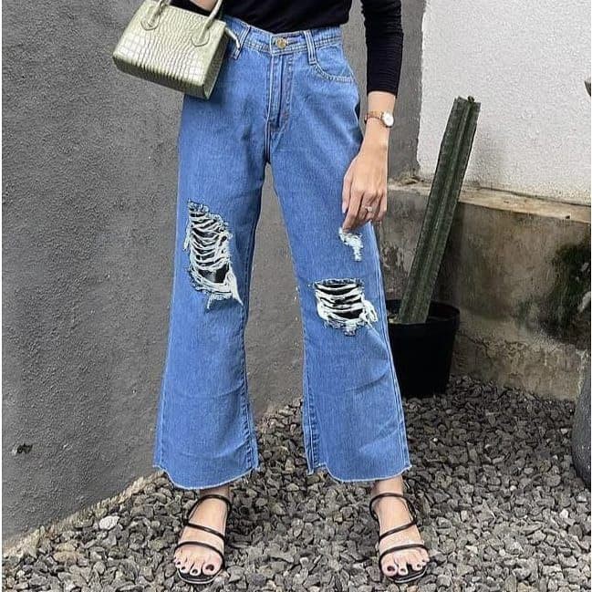 Highwaist Kulot Jeans wanita Rawis Sobek-LABELA RIPPED FURING JEANS CULLOTE-SAERAH FASHION