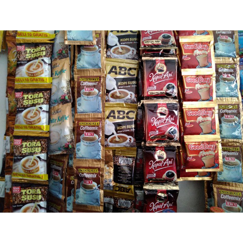 Kopi kopi | KA mix | Good day | Luwak | ABC susu | Tora susu | Tora Aren