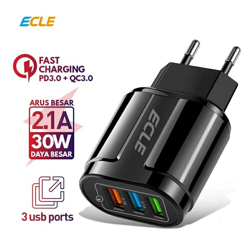 Ecle Charger 3 Port 30W QC3.0 Fast Charging
