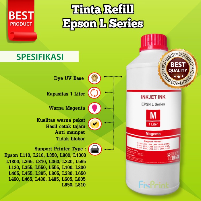 Tinta EPSN 1 Liter Refill Printer L110 L120 L121 L210 L220 L355 L300 L310 L350 L360 L380 L385 L405 Dye Base