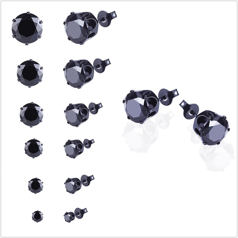 6 Pasang Anting Tusuk Bentuk Bulat Bahan Stainless Steel Warna Hitam Ukuran 3mm - 8mm Untuk Pria