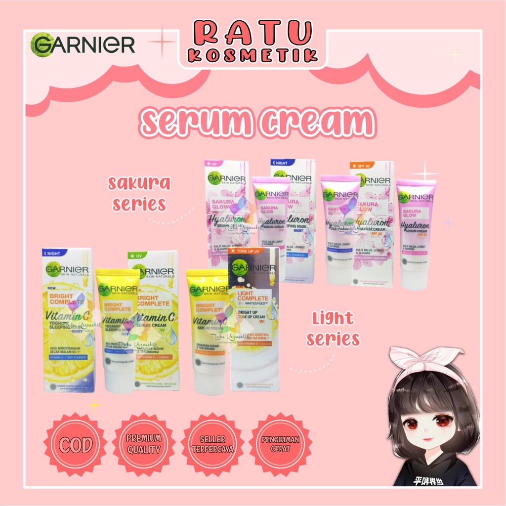 ❤ RATU ❤ Garnier Sakura White Glow Serum Cream 20ml | Sleeping Mask | Light Complete Krim | Tone Up 15ml | Bright ( ✔️BPOM )