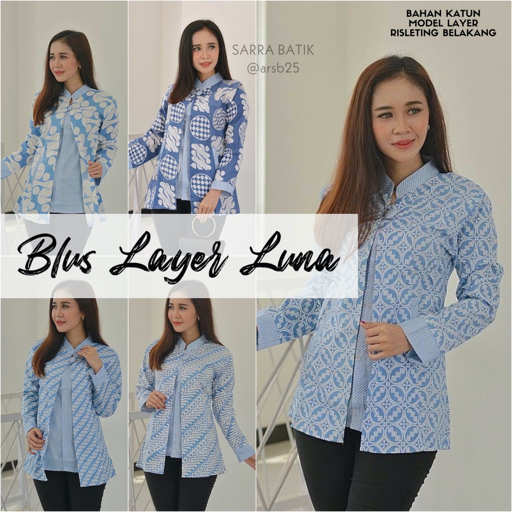 Blus Layer Luna Batik Atasan Batik Kombinasi Biru Pastel Soft Modern Casual Kerja Seragam Kantor Mus