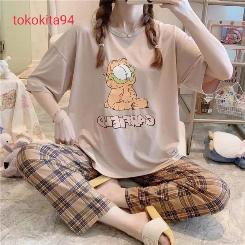 Piyama Import Wanita Lengan Pendek 1 Set Korea - Piyama Baju Tidur Lembut - Pakaian Tidur e