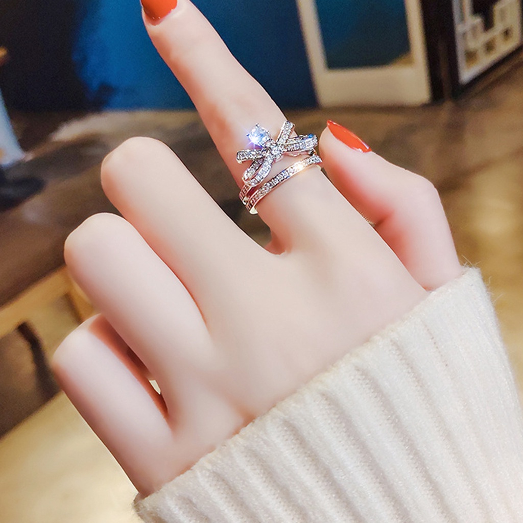 Hu Hu Hu Hu Hu Alat Bantu Pasang Kacamata♡ Cincin Model Terbuka Bahan Alloy Desain Pita Hias Cubic Zirconiaberlian Imitasi Gaya Mewah Untuk Valentine