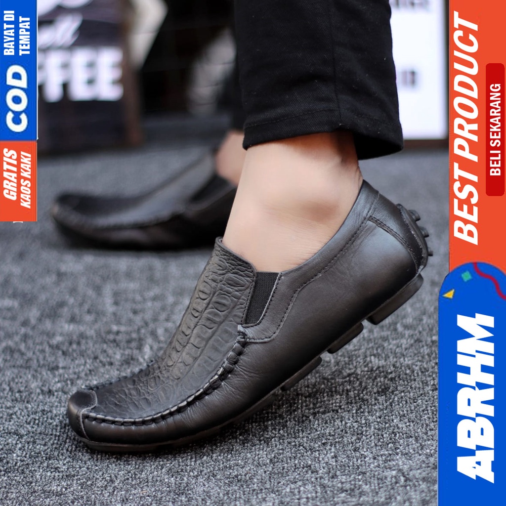 Abrhm Asbul -Sepatu Slip On Pria Slop Kulit Asli Kerja Hitam