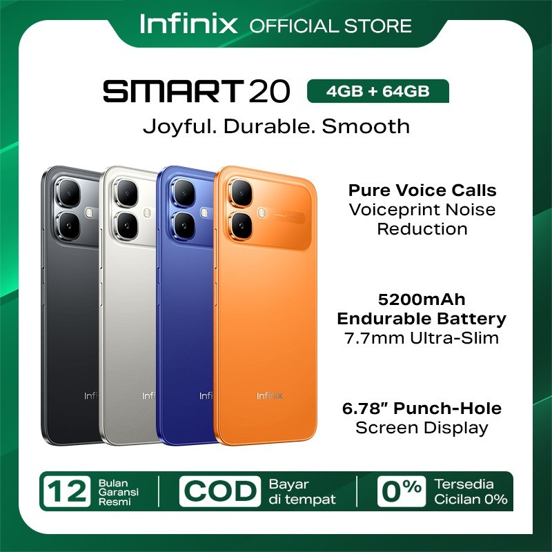 Infinix Smart 20 4/64GB - Up to 8GB Extended RAM - Mediatek Helio G81 - 6.78” - 8MP - 5200 mAh - IP64
