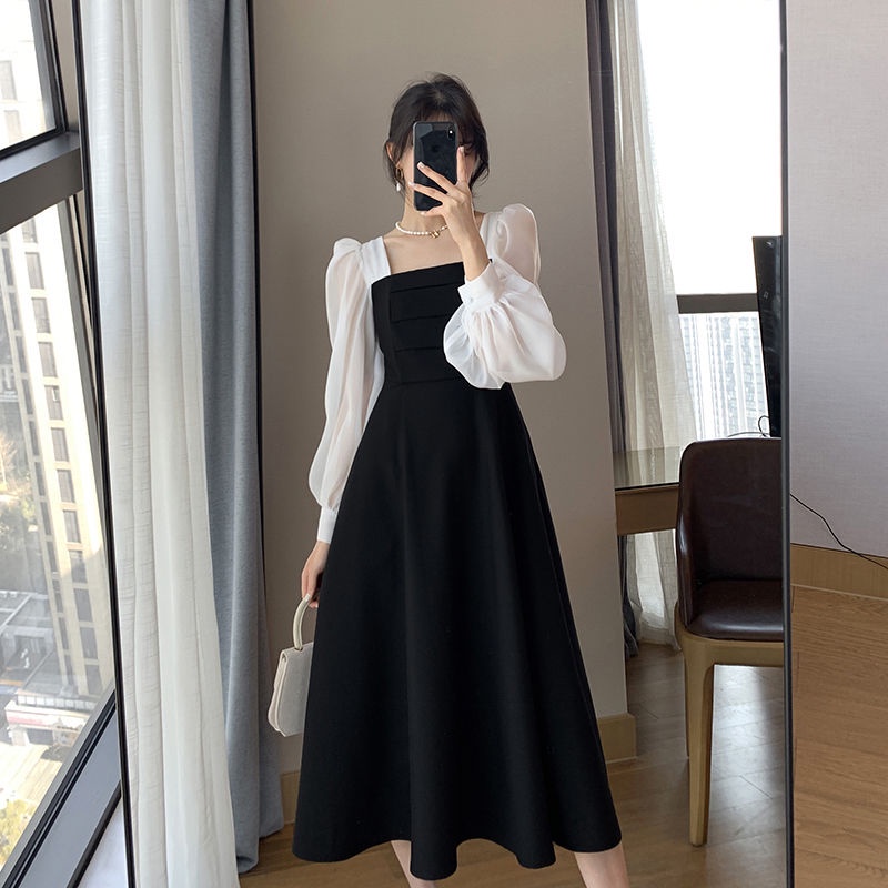 Dress Maxi A-line Guan Lengan Panjang Hitam Fashion Wanita Korean Retro Style