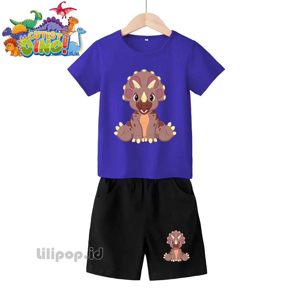 Baju Anak Stelan Kaos 3/4 Dinosaurus Triceratops Cowok Cewek  Usia 2 - 7 Tahun Celana Pendek Harian