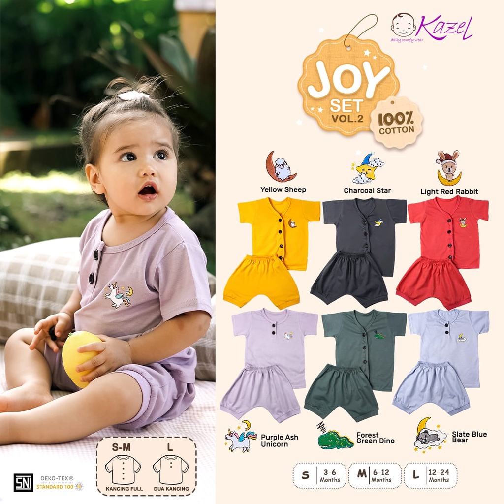 Kazel 100% Cotton 0-12 Bulan Joyset Setelan Pendek Bayi Joy Set Bordir Kancing CBKS